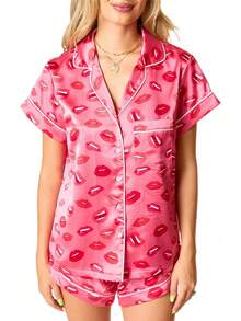 Women Y2k Pajamas Set Cute Heart Rabbit Short Sleeve Button Down Shirt Silk Satin Pjs Shorts Set Preppy Sleepwearhalloween - 5 Heart Print Red - View 2