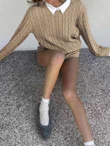 2pcs/Set Solid Color Pocket Pullover Sweater And Shorts, Casual Autumn/Winter Outfit, Back To School, Women Teachers Uniform, Women's Outgoing Tops, Women's Date Night Attire, Women's Business Casual Low-Waist, Korean Style, Basic Contrast Color Sweater, Halloween Sweater, Christmas Sweater, Women Office Wear Autumn/Winter, Women Thick Knit Sweater And Shorts Set, Warm Ribbed 2-Piece Outfit