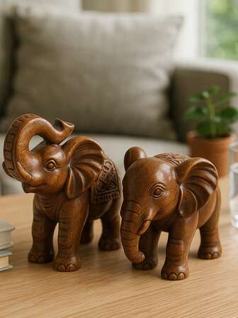 2pcs Hand-Carved Wooden Elephant Figurines, Decorative Resin-Look Animal Sculptures, Vintage Style Lucky Elephant Ornaments For Living Room, Bedroom, Coffee Table, Gift Idea