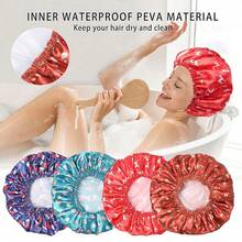 Gorros de Ducha para Mujeres, 4 PCS Gorros de Baño Elásticos y Reutilizables, Gorro de Ducha de Doble Capa Impermeable, Gorros de Baño, Gorro de Baño para el Cabello de Protección Ambiental - Color Sólido - Juego de 4 piezas con diseño navideño - Ver 7