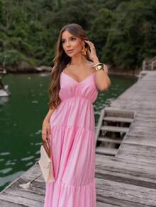 Women's Long Dress With Loose Straps, Light Summer - Dusty Pink - View 6