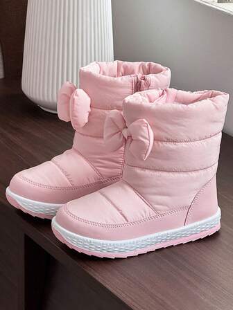 1 Pair Girls' Pink Bow Warm Thickened Snow Boots With Thermal Lining