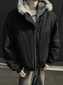 Zuoshan Carved Cotton Jacket Men's Cotton Jacket Hooded Fur Collar High-End Plus Plush Thick Men's Cotton Jacket Jacket Jacket - 黑色 - 查看 2