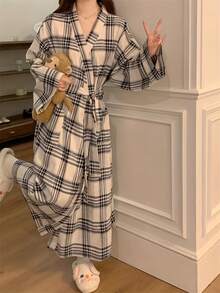 日式睡衣女童春秋新款长袖简约休闲睡衣长款和服ins风家居服