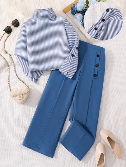 Left Mama Girls Casual Stand Collar Long Sleeve Striped Top And Straight Leg Pants Set, Spring/Autumn