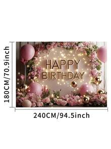 1pc 3D Floral Happy Birthday Photography Backdrops Pink Golden Balloons Flowers Party Banner 59.1*39.4/82.7*59.1/94.5*70.9/106.3*70.9 Inches Roses Green Leaves Photo Background Indoor Outdoor Newborn Shower Decoration Supplies