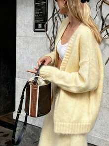 2件秋冬宽松针织V领开衫和休闲A字裙套装 - 黃色 - 查看 5