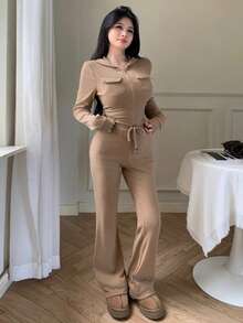 abyoxi Conjunto de 2 piezas de top de manga larga con capucha, cremallera, bolsillos y cintura ajustada en color caqui, y pantalones anchos de pierna ancha con cordón a la cintura en estilo deportivo y urbano para otoño e invierno - Café integral - Ver 6