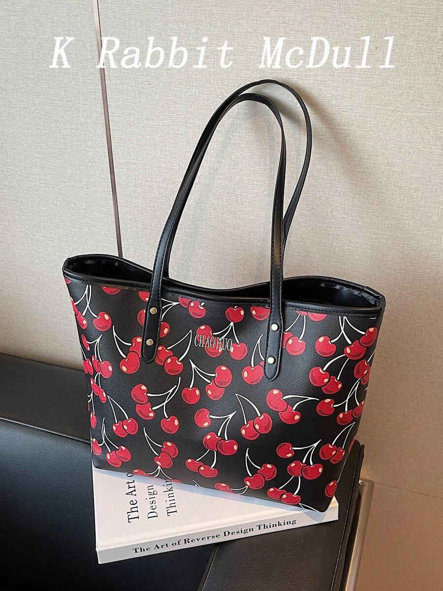 New Cute Cherry Pattern PU Tote Bag, Waterproof Design, Fashionable Large Capacity Shoulder Bag, Suitable For Women's Daily Use, School, Commuting