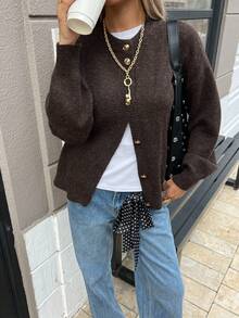 Brown Round Neck Long Sleeve Knitted Cardigan, Women's New Spring Fashion Item, Elegant Minimalist, Decorated With Metal Buttons, Casual Loose, Versatile & Comfortable, New Year New - Brown - View 6