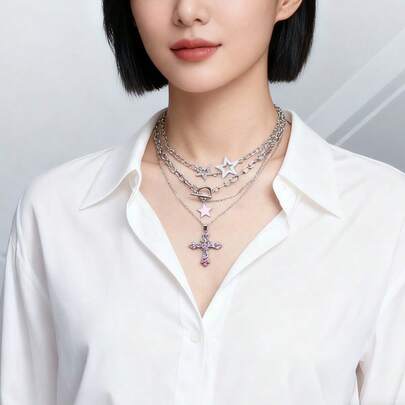 Set de 3 collares con colgantes de corazón, estrella y cruz con strass en color rosa, estilo dulce y elegante gótico con adornos de strass, adecuado para uso diario, fiestas, reuniones y regalos para amigos