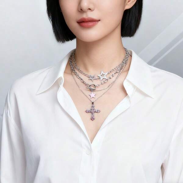 3pcs Fashion INS Pink Heart, Star, Cross Rhinestone Necklace Set, Sweet & Edgy Goth Style Rhinestone Embellished Choker Necklaces, Suitable For Daily Wear, Parties, Gatherings, Friend Gifts