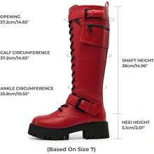 Women's Combat Riding Platform Knee High Boots, Lace Up Fall Lug Sole Gothic Motorcycle Boots With Inside Zipper, 2025 Style - Red - View 7