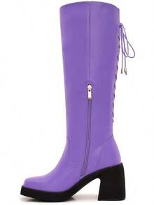 Wide Calf Knee High Boots For Women – Plus Size Chunky Heel Boots With Adjustable Lace-Up Backhalloween - Màu tím - Xem 9