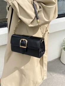 Nueva bolsa cuadrada pequeña con hebilla de cuero, bolso de hombro y cruzado minimalista de moda para mujer, bolso de cierre con candado para debajo del brazo, elegante y versátil bolso de mano para dama - Negro - Ver 7