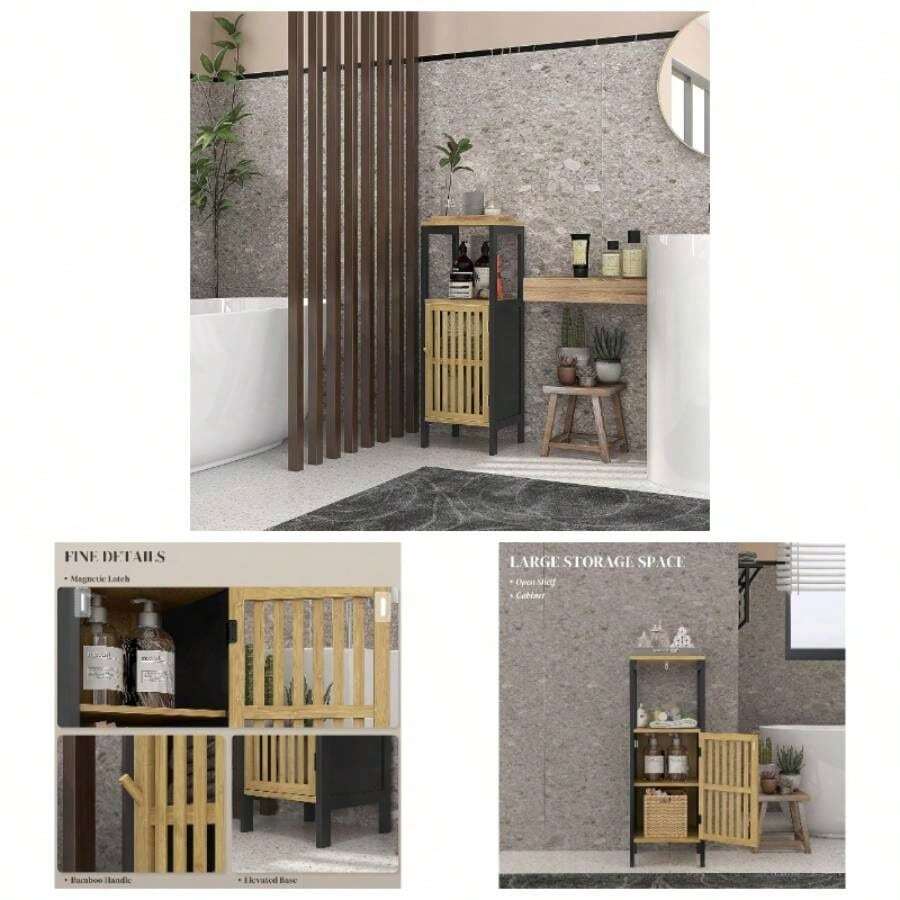 Slim Bathroom Storage Cabinet, Small Bathroom Cabinet With Open Compartment And Adjustable Shelf, Black - Black - View 1