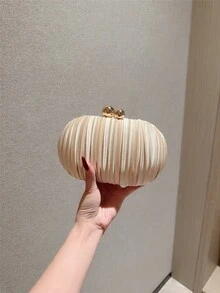 1 件闪亮褶皱迷你蛋形手拿包，优雅的金属双珍珠纽扣设计，适合派对女孩、新娘、大学生、年轻专业人士、派对、庆典、婚礼，配有金属链 - 杏色 - 查看 8
