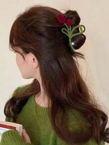 1 pieza Elegante pinza para el cabello con tulipán de terciopelo rojo y perla falsa, accesorio de cabello de flor grande de alta gama, adecuado para cabello fino a grueso, accesorio de cabello de invierno para mujer para atuendos de vacaciones