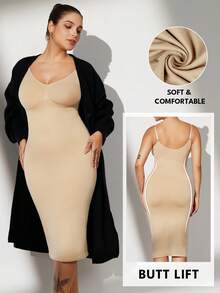 大码女士无缝塑身紧身连衣裙，收腰设计，黑色，收紧胸部、腹部和腰部，大码女士塑身吊带裙 - 杏色 - 查看 3