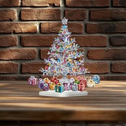 Funkelnder Kristall Weihnachtsbaum mit Geschenken, Acrylstatue mit Ständer, einzigartige Acryl Dekorationen