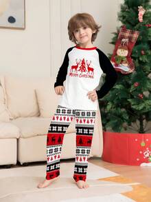 2pcs/Set Young Boys New Christmas Element Pajamas, Black & White Raglan Sleeve Reindeer & Christmas Tree Print Long Sleeve Top And Jacquard Long Pants, Round Neck Children Homewear Set