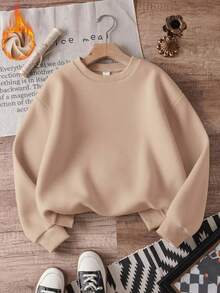 Damen Warmer Rundhals Sweatshirt, Herbst/Winter, Fleece Futter, Lässiger Loose Fit Sportswear, Mode & Vielseitig - Aprikosenfarben - Übersicht 2