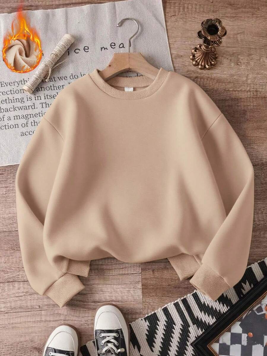 Damen Warmer Rundhals Sweatshirt, Herbst/Winter, Fleece Futter, Lässiger Loose Fit Sportswear, Mode & Vielseitig