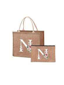 Mini Floral & Letter Print Linen Tote Bag, Women's Fashion Shopping Bag/Handbag/Grocery Bag, Teacher's Portable Tote Bag, Ideal Shopping Tote/Lunch Bag - Khaki - View 38