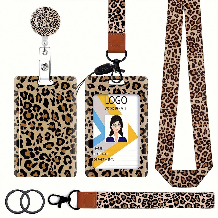 4-Piece Leopard Print Lanyard Set, Consisting Of 1 Neck Lanyard, Suitable For Cute ID Badges For Women And ID Badge Holders - 1 Retractable Badge Reel And Wrist Lanyard, Suitable For Women And Girls VCBL - 4-piece Leopard Print Set - View 1