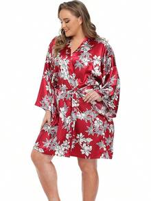 iFigure Batas cortas de satén para mujer, talla, batas de - Vino floral - Ver 12