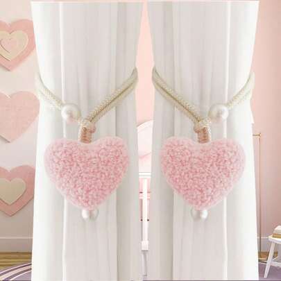 2pcs/1pc Fluffy Heart-Shaped Pearl Window Curtain Tie Back, Nursery Decor Mosquito Net Rope, Door Curtain Coffee Curtain Sun Shade Tiebacks, Christmas Red Heart Shaped Tiebacks