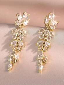 1pair Elegant Leaf Flower CZ Women Long Wedding Earrings With AAA Cubic Zirconia Dangle Earrings Jewelry - Gold - 查看 1