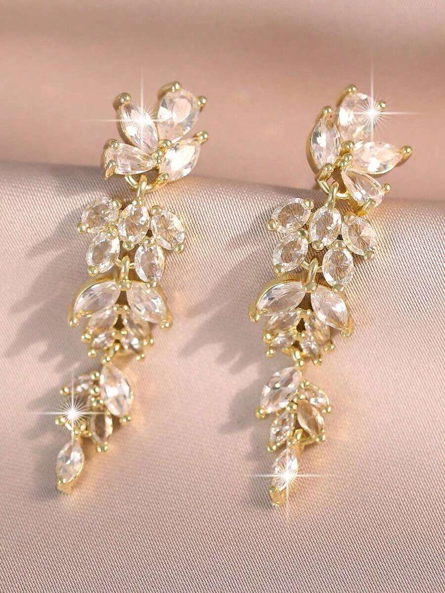1pair Elegant Leaf Flower CZ Women Long Wedding Earrings With AAA Cubic Zirconia Dangle Earrings Jewelry - Gold - 查看 1