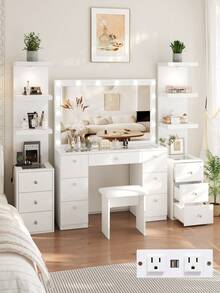 VOWNER 13.8" Narrow Dresser Sideboard With Power Outlet, Simple Display Cabinet With Glass Top, LED Light, 3 Drawers & Shelves, Tall Shelves Cabinet For Bedroom, Gifts For  Halloween Thanksgiving - White - View 1
