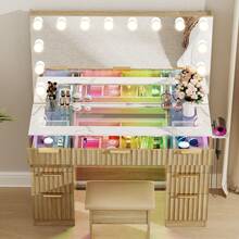 VOWNER 43.3" Fluted Makeup Vanity WIth Large Lighted Mirror, Vanity Table With Glass Top & Power Outlet,  3 Color Light Modes, 9 Drawers For Storage, Bedroom Dresser With Stool For Girls Women, Gifts For Christmas - 查看 6