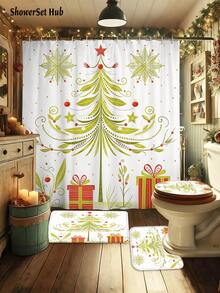 1/3/4pcsGreen Christmas Tree Winter Shower Curtain Bathroom Set, Minimalist Cartoon Waterproof And Wear-Resistant Accessories,With 12 Hooks - Includes Toilet Seat Cover, Bath Mats, And Rugs - Non-Slip Polyester Fabric - Washable - Perfect For Holiday Decor,Home/Bedroom/House/Western Decor,