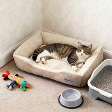 1 件适用于猫和小型犬的柔软宠物床 - 毛绒涤纶填充物，耐用的室内沙发垫，易于清洁，适合室内宠物舒适，猫床，俏皮宠物设计，易于清洁的材料 - 彩色 - 查看 2