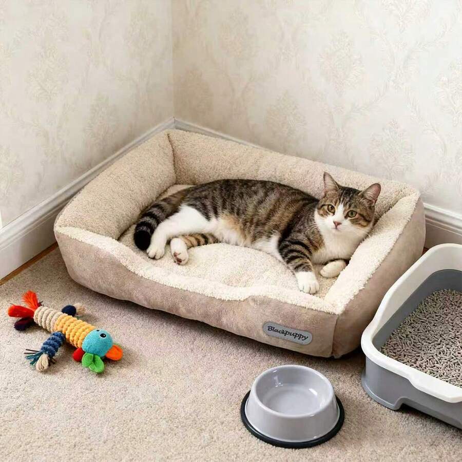 1 件适用于猫和小型犬的柔软宠物床 - 毛绒涤纶填充物，耐用的室内沙发垫，易于清洁，适合室内宠物舒适，猫床，俏皮宠物设计，易于清洁的材料