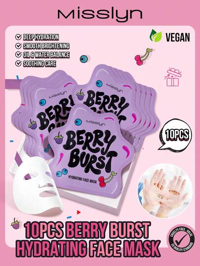 Misslyn 10 PIEZAS MISSLYN-BERRY BURST MASCARILLA FACIAL HIDRATANTE, Mascarillas faciales hidratantes aptas para pieles sensibles y grasas, rescate para pieles secas, cuidado diario de la piel, mascarillas faciales de hoja con extracto de arándanos que aportan una hidratación intensa, mascarilla facial spa que hidrata en profundidad, ilumina y rellena, suaviza la piel, mejora la elasticidad, vegano y libre de crueldad animal, ideal para vuelta al cole y otoño
