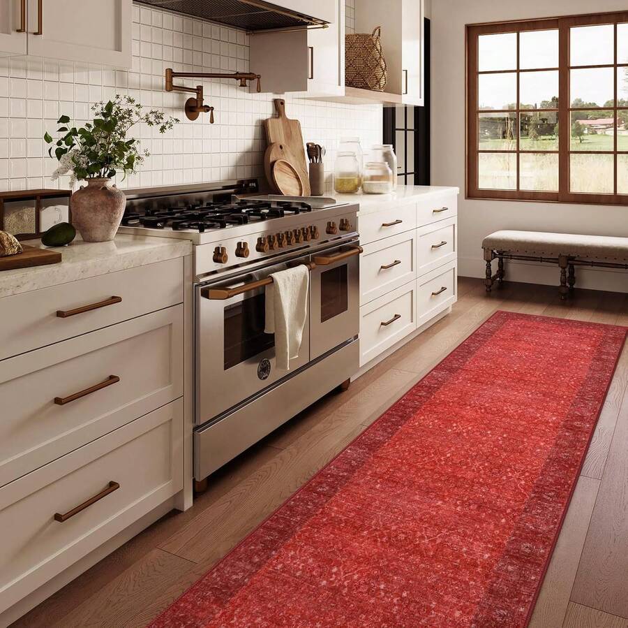 Vintage Red Runners For Hallways, 2.6x10 Washable Boho Kitchen Rug, Soft Low Pile Long Runner Rug For Hall Bedroom Bathroom, Ultra-Thin Floor Carpet For Entryway Indoor Party(2'6"X10', Red),23025940 - 紅白色 - 查看 1