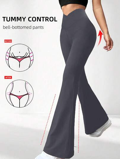 Damen Hose mit Kreuzgurt in der Taille, hochelastische Polyester Einfarbige Sport Yoga Hose, Kreuzgurt Taille Lässig Lange Hose, Einfarbige Skinny Workout Leggings geeignet für alle Jahreszeiten, Strickstoff Weite Bein Hose geeignet für Fitness und Lässig