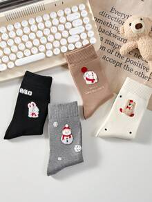 4 双新年女式圣诞雪人中筒袜，可爱卡通植绒保暖中筒袜，秋冬袜 - 彩色 - 查看 7