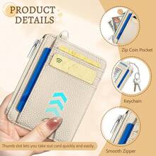 Beige Credit Card Holder Small Wallet Women, Minimalist Slim RFID Blocking Wallet Woman Keychain With Zipper Coin Pocket, Front Pocket Thin Travel Card Case Organizer ID Window Ladies Gifts{"Color_name":"SolidWT"} - 多色2 - 查看 7