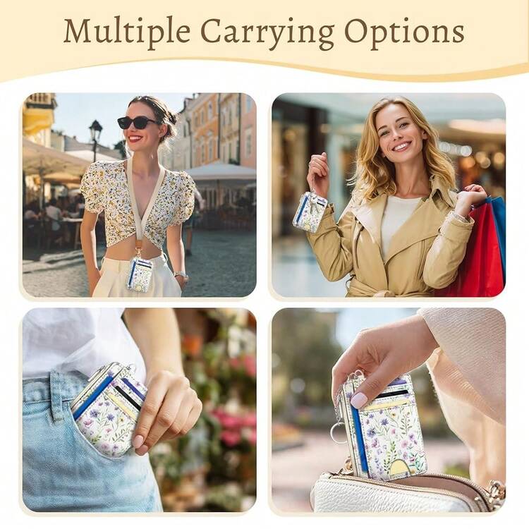 Flowers Credit Card Holder Small Wallet Women, Floral Slim RFID Blocking Wallet Woman Keychain With Zipper Coin Pocket, Front Pocket Thin Travel Card Case Organizer With ID Window Ladies Gift{"Color_name":"PurpleFlower"} - 多色18 - 查看 3