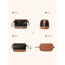 Telena Makeup Bag Large Capacity Travel Cosmetic Bag Portable PU Leather Water Resistant Makeup Organizer Bags For Women With Handle And Divider Open Flat (3-Black With Brown){"Color_name":"3-BlackwithBrown"} - 3-黑色與棕色 - 查看 7
