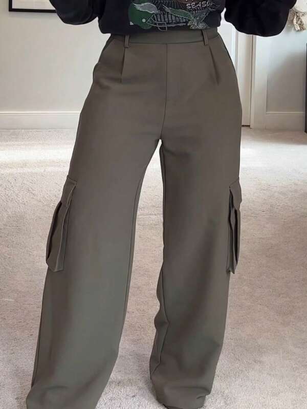 Pantalones casuales de oficina de unicolor con bolsillo para mujer, primavera/otoño
