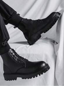 Boots Men's High Top Spring And Autumn British Style Retro Mid-Top Leather Shoes Heightened Black Leather Boots - 黑色 - 查看 8