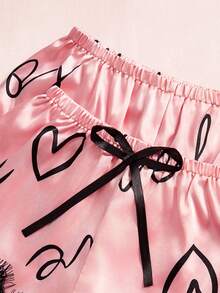 3 piezas Conjunto de pijama con estampado de letras de encaje en contraste, top de tirantes finos y pantalones elásticos y shorts con decoración de moño, ropa de dormir y de estar en casa cómoda para mujer, para uso diario