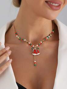 1pc Christmas Atmosphere Necklace With Bow & Santa Hat Colorblock, Fashionable New Year Party Necklace, New Year Gift Necklace