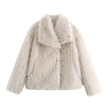 Jaket Puffer Pendek dengan Kerah Bulu Imitasi, Mantel Bulu Halus Modis untuk Wanita - Khaki - View 1
